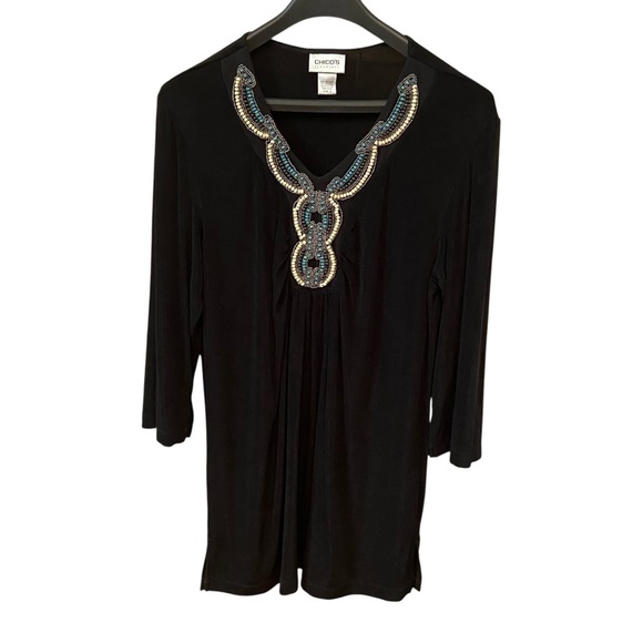 Chico's Travelers Beaded Embellished Slinky Knit Tunic Top Size L Black Flowy - Picture 2 of 13